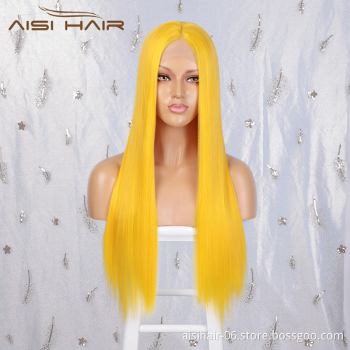Aisi Hair Top Quality Long Silky Straight Yellow Wig Cosplay Swiss Lace Wig Cheap Synthetic Lace Frontal Wigs For Black Women